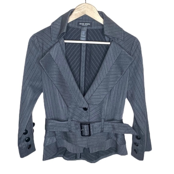 𝅺BISOU bisou michele bohbot 3/4 sleeve gray striped suit belted jacket - Picture 1 of 6